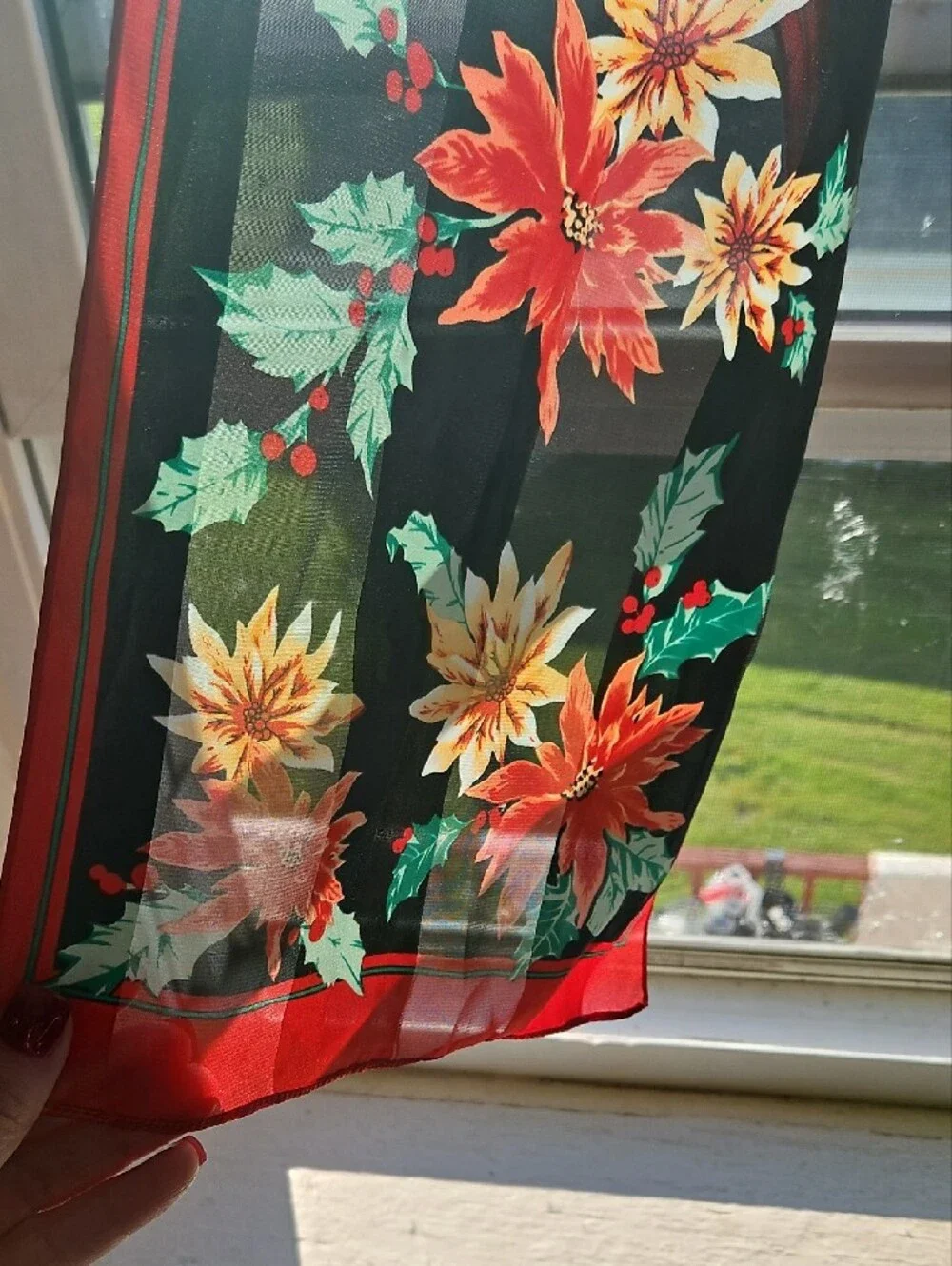 Vintage Ladies Christmas Sheer Black Scarf with Red and Floral Accents